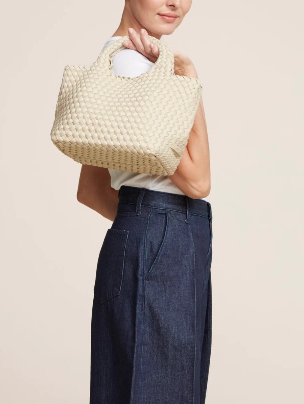 Naghedi St. Barths Small Tote in Ecru woven Neoprene. Matching Pouch. EC.